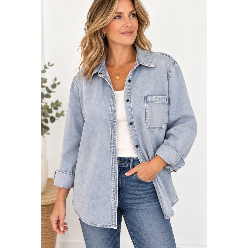 Denim & Co XL Blue Acid Wash Heavyweight Denim Shacket Button Front Shirt Jacket